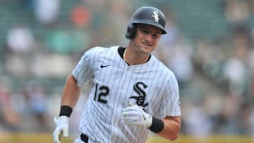 Aug 10, 2025; Chicago, Illinois, USA; Chicago White Sox shortstop Colson Montgomery (12) rounds the bases after hitting a solo home run during the first inning against the Cleveland Guardians at Rate Field. Mandatory Credit: Patrick Gorski-Imagn Images