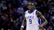 Mar 29, 2025; Newark, NJ, USA; Duke Blue Devils center Khaman Maluach (9) runs up court during the second half against the Alabama Crimson Tide in the East Regional final of the 2025 NCAA tournament at Prudential Center. Mandatory Credit: Vincent Carchietta-Imagn Images