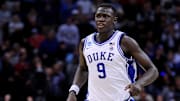 Mar 29, 2025; Newark, NJ, USA; Duke Blue Devils center Khaman Maluach (9) runs up court during the second half against the Alabama Crimson Tide in the East Regional final of the 2025 NCAA tournament at Prudential Center. Mandatory Credit: Vincent Carchietta-Imagn Images