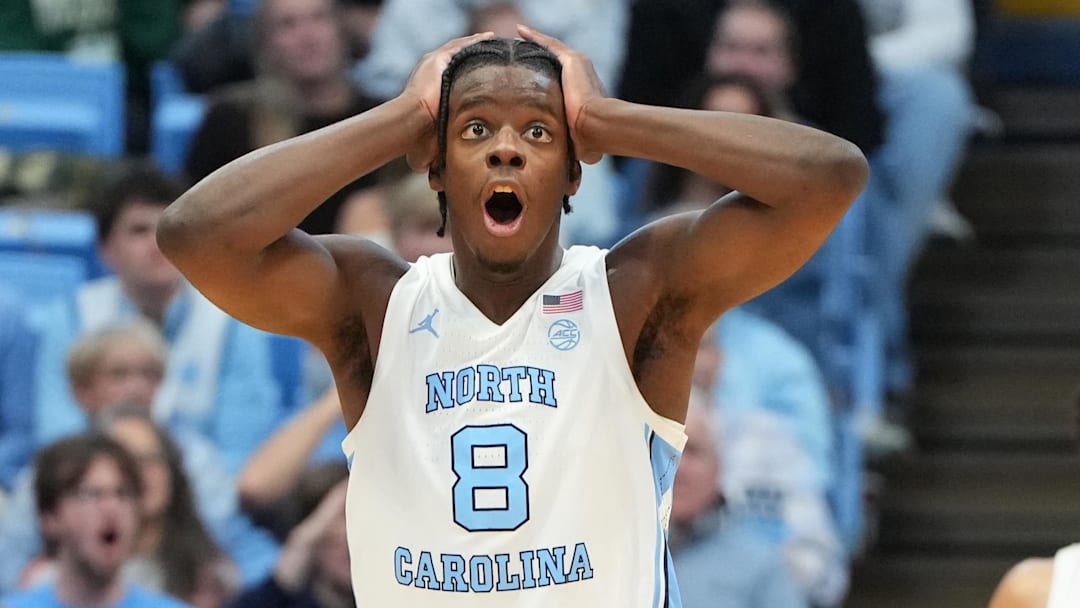 Jan 21, 2026; Chapel Hill, North Carolina, USA; North Carolina Tar Heels forward Caleb Wilson (8) reacts in the second half at Dean E. Smith Center. Mandatory Credit: Bob Donnan-Imagn Images