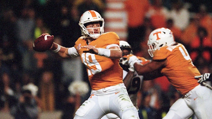 Tennessee quarterback Keller Chryst (19) throws a pass during a game between Tennessee and Missouri at Neyland Stadium in Knoxville, Tennessee on Wednesday, November 21, 2018.

Kns Film Vols