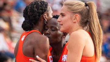 The Clemson sprint medley relay celebrate their win in the event on the third day of the 96th annual Clyde Littlefield Texas Relays, Friday March 29, 2024 in Austin at Mike A. Meyers Track and Soccer Stadium.