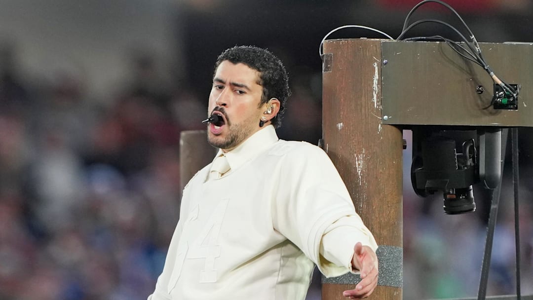 Bad Bunny performs during the halftime show in Super Bowl LX