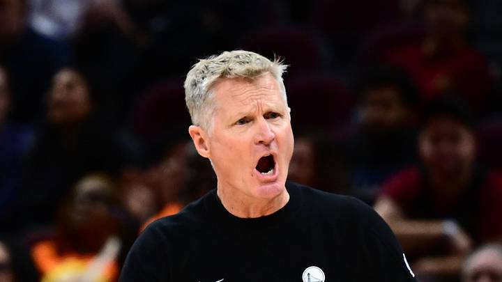 Dec 6, 2025; Cleveland, Ohio, USA; Golden State Warriors head coach Steve Kerr reacts against the Cleveland Cavaliers during the second half at Rocket Arena. Mandatory Credit: Ken Blaze-Imagn Images