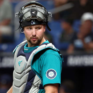Seattle Mariners catcher Cal Raleigh looks on during a game against the Tampa Bay Rays last week at Tropicana Field in St. Petersburg, Fla.