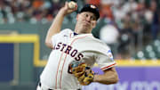 Apr 23, 2025; Houston, Texas, USA; Houston Astros starting pitcher Hunter Brown (58) pitches against the Toronto Blue Jays in the second inning at Daikin Park. 