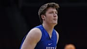 Mar 26, 2025; Newark, NJ, USA; Duke Blue Devils guard Kon Knueppel (7) during a practice session in preparation for an East Regional semifinal game against the Arizona Wildcats at Prudential Center. Mandatory Credit: Vincent Carchietta-Imagn Images