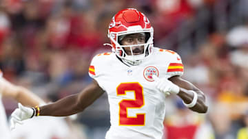 Aug 9, 2025; Glendale, Arizona, USA; Kansas City Chiefs wide receiver Tyquan Thornton (2) against the Arizona Cardinals during a preseason NFL game at State Farm Stadium. Mandatory Credit: Mark J. Rebilas-Imagn Images