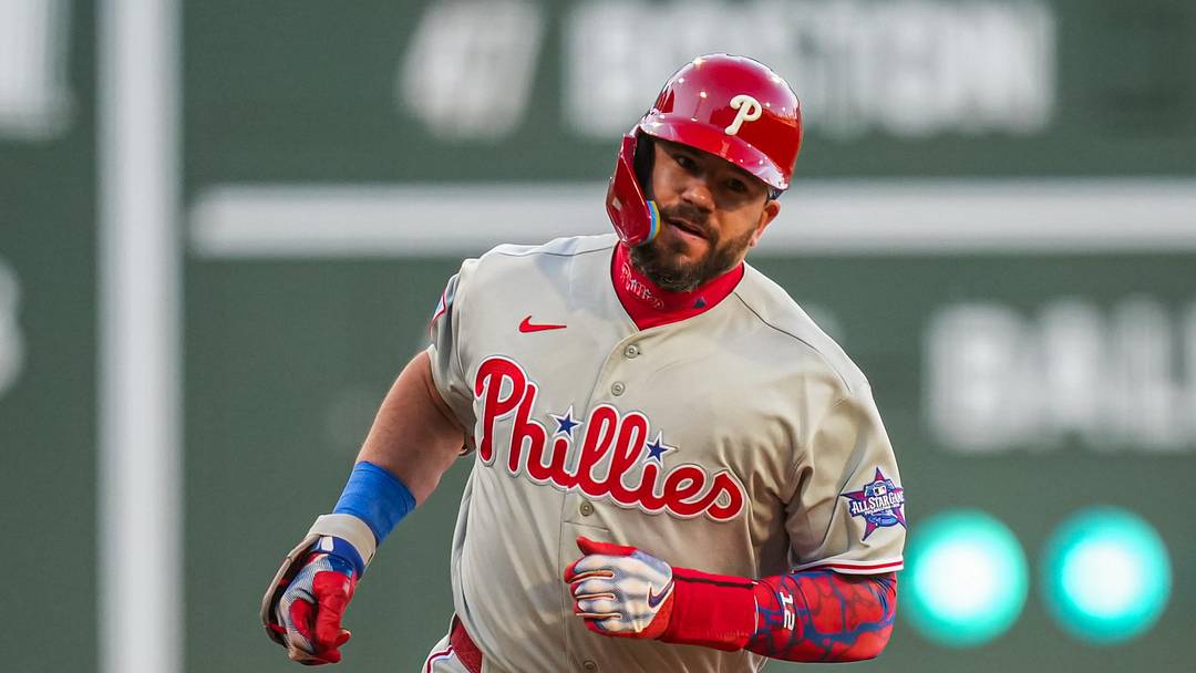 May 12, 2026; Boston, Massachusetts, USA; Philadelphia Phillies designated hitter Kyle Schwarber (12) hits a home run against the Boston Red Sox in the first inning at Fenway Park. Mandatory Credit: David Butler II-Imagn Images