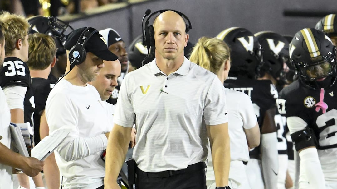 Sep 20, 2025; Nashville, Tennessee, USA;  Vanderbilt Commodores head coach Clark Lea paces the sidelines   against the Georgia State Panthers during the first half at FirstBank Stadium. Mandatory Credit: Steve Roberts-Imagn Images