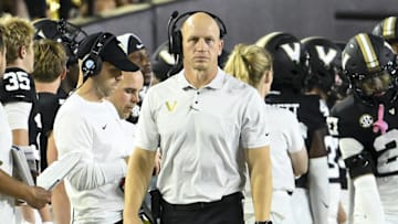 Sep 20, 2025; Nashville, Tennessee, USA;  Vanderbilt Commodores head coach Clark Lea paces the sidelines   against the Georgia State Panthers during the first half at FirstBank Stadium. Mandatory Credit: Steve Roberts-Imagn Images