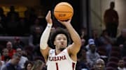 Mar 21, 2025; Cleveland, OH, USA; Alabama Crimson Tide guard Mark Sears (1) shoots the ball in the second half against the Robert Morris Colonials during the NCAA Tournament First Round at Rocket Arena. 