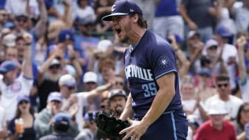 Jul 5, 2024; Chicago, Illinois, USA; Chicago Cubs pitcher Justin Steele (35) celebrates his complete game win against the Los Angeles Angels at Wrigley Field. Mandatory Credit: David Banks-USA TODAY Sports