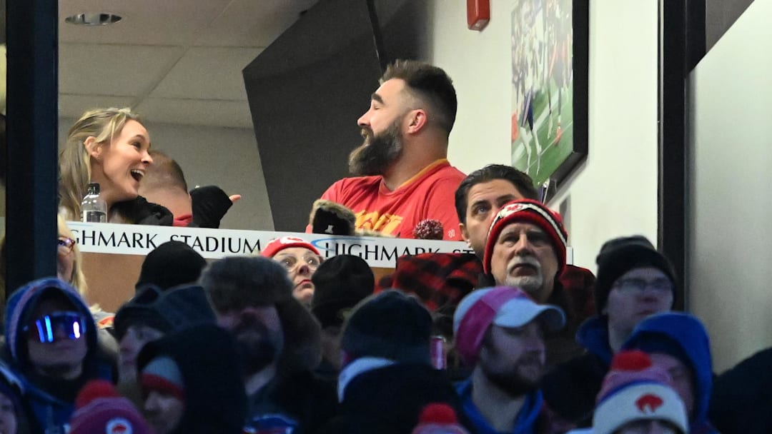 Jan 21, 2024; Orchard Park, New York, USA; Jason Kelce (right) and Kylie Kelce (left) watch the game from the suites in the first half of the 2024 AFC divisional round game between the Buffalo Bills and the Kansas City Chiefs at Highmark Stadium. Jan 21, 2024; Orchard Park, New York, USA; Jason Kelce (right) and Kylie Kelce (left) watch the game from the suites in the first half of the 2024 AFC divisional round game between the Buffalo Bills and the Kansas City Chiefs at Highmark Stadium.