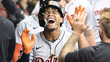 Detroit Tigers outfielder Wenceel Pérez (46) celebrates in the dugout after he homers during the seventh inning against the Chicago White Sox at Rate Field.