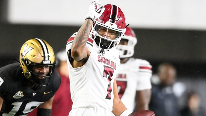 Nov 9, 2024; Nashville, Tennessee, USA; South Carolina Gamecocks wide receiver Gage Larvadain (7) points for the first down against the Vanderbilt Commodores during the second half at FirstBank Stadium. Mandatory Credit: Steve Roberts-Imagn Images