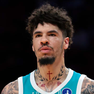 Oct 28, 2025; Miami, Florida, USA; Charlotte Hornets guard LaMelo Ball (1) looks on against the Miami Heat during the first quarter at Kaseya Center. Mandatory Credit: Sam Navarro-Imagn Images