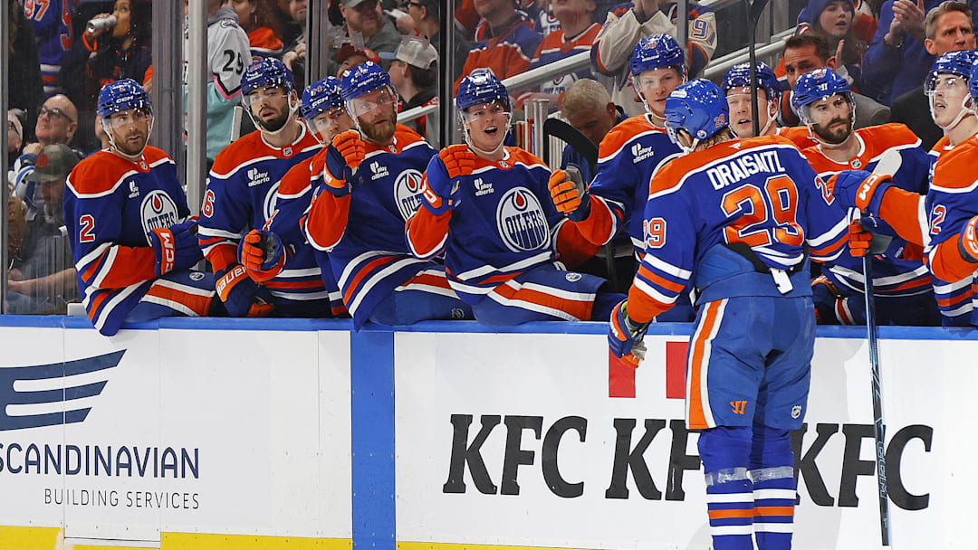 Mar 3, 2026; Edmonton, Alberta, CAN; The Edmonton Oilers celebrate a goal scored by forward Leon Draisaitl (29) during the first period against the Ottawa Senators at Rogers Place. Mandatory Credit: Perry Nelson-Imagn Images