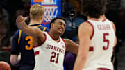 Mar 12, 2025; Charlotte, NC, USA; Stanford Cardinal guard Jaylen Blakes (21) reacts in the second half at Spectrum Center. Mandatory Credit: Bob Donnan-Imagn Images