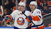 Jan 5, 2023; Edmonton, Alberta, CAN; The New York Islanders celebrate a goal scored by forward Matt Barzal (13) during the second period against Edmonton Oilers at Rogers Place. Mandatory Credit: Perry Nelson-Imagn Images