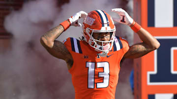 Nov 2, 2024; Champaign, Illinois, USA;  Illinois Fighting Illini wide receiver Pat Bryant (13) before the start of a game with the Minnesota Golden Gophers at Memorial Stadium. Mandatory Credit: Ron Johnson-Imagn Images