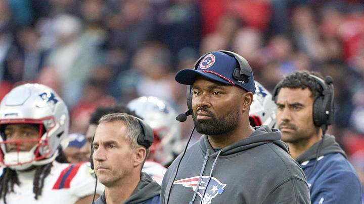 Oct 20, 2024; London, United Kingdom; New England Patriots coach Jerod Mayo in the game against the Jacksonville Jaguarsduring an NFL International Series game at Wembley Stadium. Mandatory Credit: Peter van den Berg-Imagn Images