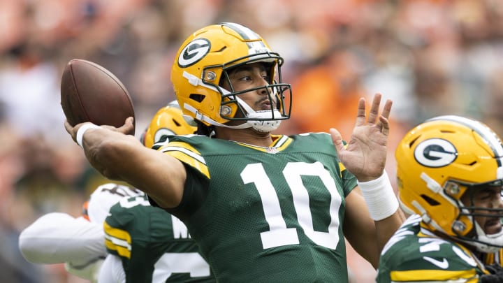 Green Bay Packers quarterback Jordan Love throws a touchdown pass to Dontayvion Wicks to start the preseason game at the Browns.