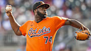Jul 5, 2025; Cumberland, Georgia, USA; Baltimore Orioles relief pitcher Felix Bautista (74) pitches against the Atlanta Braves during the ninth inning at Truist Park