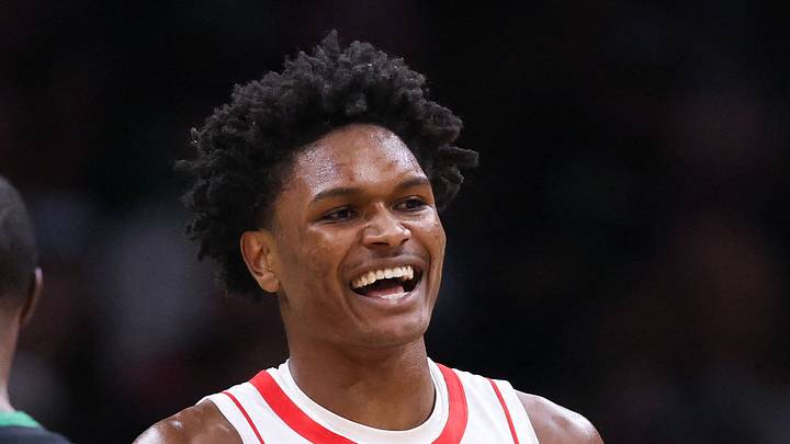 Houston Rockets forward Amen Thompson (1) reacts during the first half against the Boston Celtics at TD Garden on Nov 1, 2025.