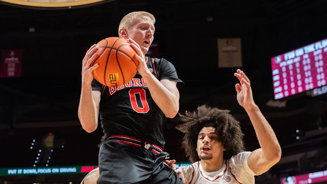 Georgia Bulldogs guard Blue Cain (0) grabs the rebound. The Florida State Seminoles hosted the Georgia Bulldogs at the Tucker Civic Center for a men’s basketball game Tuesday, Dec. 2, 2025.