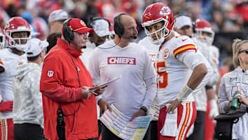 Nov 24, 2024; Charlotte, North Carolina, USA; Kansas City Chiefs head coach Andy Reid talks with quarterback Patrick Mahomes (15) during a time out during the second half against the Carolina Panthers at Bank of America Stadium. Mandatory Credit: Jim Dedmon-Imagn Images