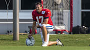 Aug 26, 2020; Indianapolis, Indiana, USA;  Indianapolis Colts quarterback Phillip Rivers (17) takes a knee during colts training camp at the Farm Bureau Football Complex. Mandatory Credit: Marc Lebryk-Imagn Images