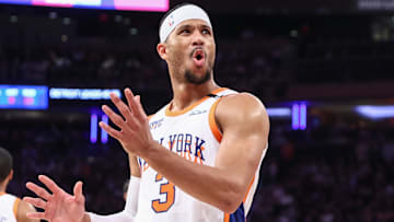 Apr 29, 2025; New York, New York, USA; New York Knicks guard Josh Hart (3) reacts after being called for a foul in the second quarter against the Detroit Pistons during game five of first round for the 2025 NBA Playoffs at Madison Square Garden. Mandatory Credit: Wendell Cruz-Imagn Images