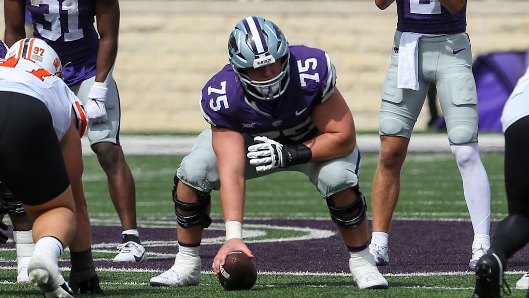 Kansas State Wildcats center Sam Hecht (75) Kansas State Wildcats center Sam Hecht (75)