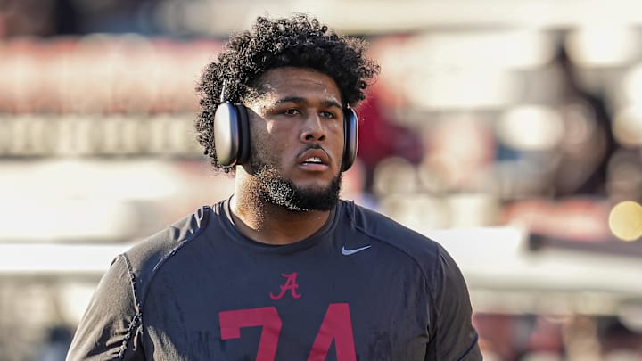 Sep 27, 2025; Athens, Georgia, USA; Alabama Crimson Tide offensive lineman Kadyn Proctor (74) on the field before the game against the Georgia Bulldogs at Sanford Stadium. Mandatory Credit: Dale Zanine-Imagn Images