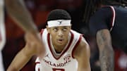 Jan 18, 2025; Norman, Oklahoma, USA;Oklahoma Sooners guard Jeremiah Fears (0) during a play against the South Carolina Gamecocks during the second half at Lloyd Noble Center. Mandatory Credit: Alonzo Adams-Imagn Images