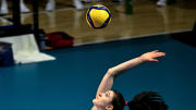 Jul 10, 2024; Long Beach, California, USA; Dana Rettke†(14) of the USA serves against the Netherlands during the USA Volleyball Cup at The Walter Pyramid. The USA defeated the Netherlands 3 -2 in a tuneup for the upcoming Paris Olympics.