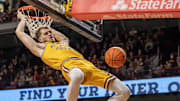 Jan 25, 2025; Minneapolis, Minnesota, USA; Minnesota Golden Gophers forward Parker Fox (23) dunks the ball against the Oregon Ducks during the first half at Williams Arena. Mandatory Credit: Nick Wosika-Imagn Images