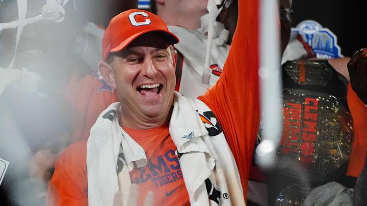 Dec 3, 2022; Charlotte, North Carolina, USA; Clemson Tigers head coach Dabo Swinney celebrates after defeating the North Carolina Tar Heels 39-10 to win the ACC Championship game at Bank of America Stadium. Mandatory Credit: Bob Donnan-Imagn Images
