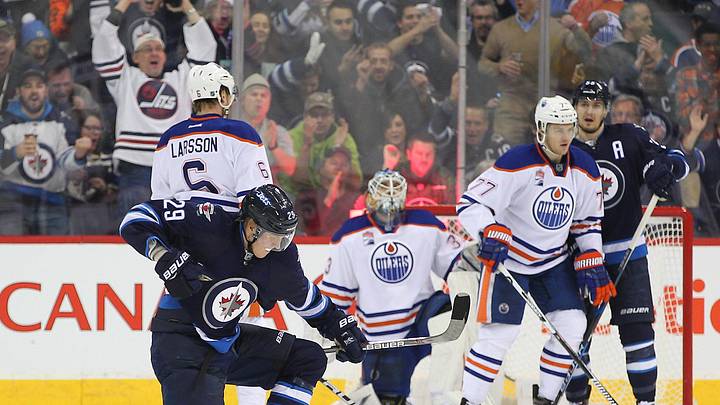 Dec 1, 2016; Winnipeg, Manitoba, CAN; Winnipeg Jets Patrick Laine (29) celebrates his second goal of the game in the third period  during  the NHL hockey game against the Edmonton Oilers at MTS Centre. Edmonton Oilers win 6-3 Mandatory Credit: Ray Peters-Imagn Images