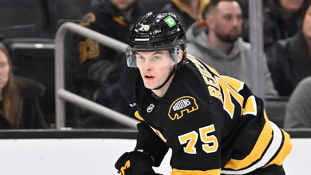 Mar 19, 2026; Boston, Massachusetts, USA; Boston Bruins forward Lukas Reichel (75) controls the puck against the Winnipeg Jets during the third period at TD Garden. Mandatory Credit: Eric Canha-Imagn Images