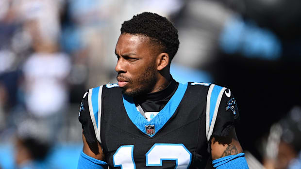 Charlotte, North Carolina, USA;  Carolina Panthers cornerback Troy Hill (13) before the game at Bank of America Stadium. Mand