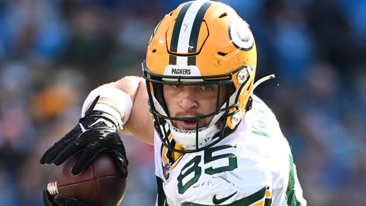 Green Bay Packers tight end Tucker Kraft catches a pass at Carolina.