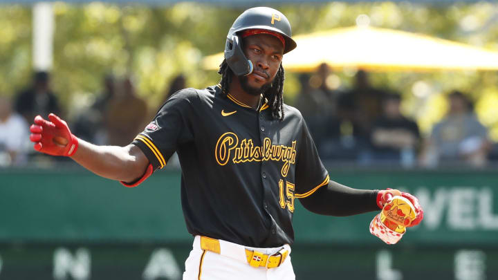 Pittsburgh Pirates center fielder Oneil Cruz (15) reacts at second base after hitting an RBI double against the Chicago Cubs during the second inning at PNC Park. 