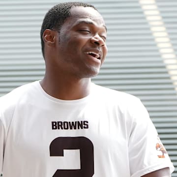 Aug 5, 2024; Cleveland Browns wide receiver Amari Cooper (2) is interviewed after the morning session at the Browns training facility in Berea, Ohio. Mandatory Credit: Bob Donnan-Imagn Images