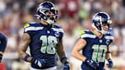Sep 25, 2025; Glendale, Arizona, USA; Seattle Seahawks tight end Elijah Arroyo (18) and wide receiver Cooper Kupp (10) against the Arizona Cardinals at State Farm Stadium. 