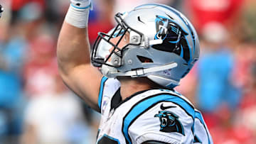 Oct 9, 2022; Charlotte, North Carolina, USA; Carolina Panthers running back Christian McCaffrey (22) reacts after running for. touchdown in the third quarter in the third quarter at Bank of America Stadium. Mandatory Credit: Bob Donnan-Imagn Images