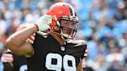 Sep 11, 2022; Charlotte, North Carolina, USA; Cleveland Browns defensive tackle Taven Bryan (99) reacts in the third quarter at Bank of America Stadium. Mandatory Credit: Bob Donnan-Imagn Images