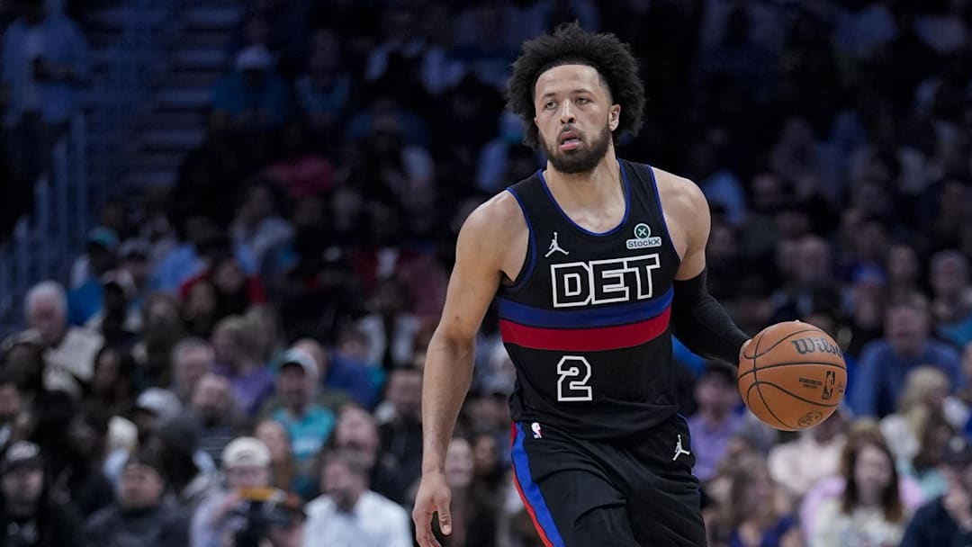 Feb 9, 2026; Charlotte, North Carolina, USA; Detroit Pistons guard Cade Cunningham (2) brings the ball up court during the second half against the Charlotte Hornets at Spectrum Center. Mandatory Credit: Jim Dedmon-Imagn Images