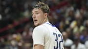 Jul 10, 2025; Las Vegas, NV, USA; Dallas Mavericks forward Cooper Flagg (32) looks on against the Los Angeles Lakers in the second quarter of their game at Thomas & Mack Center. Mandatory Credit: Candice Ward-Imagn Images